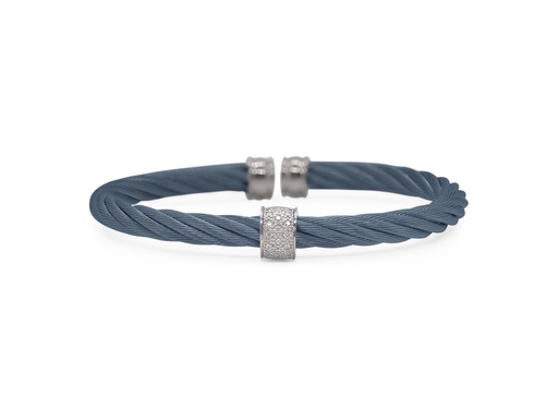 [04-28-3913-11] 18Kt White Gold Blueberry Twisted Nautical Cable Single Barrel Station Cuff Bracelet With (16) Round Diamonds Weighing 0.13cttw