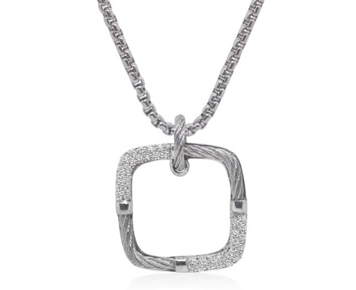 [08-32-0420-11] 14Kt White Gold Grey Nautical Cable Square Station Necklace With (38) Round Diamonds Weighing 0.18cttw