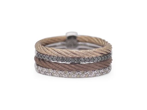 [02-75-5050-30] 18Kt White Gold Carnation And Bronze Nautical Cable Four Row Ring With (20) Black Diamonds And (23) Champagne Diamonds Weighing 0.36cttw