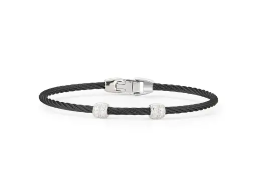 [04-52-0927-11] 18Kt White Gold Black Nautical Cable Double Barrel Station Bracelet With (16) Round Diamonds Weighing 0.13cttw