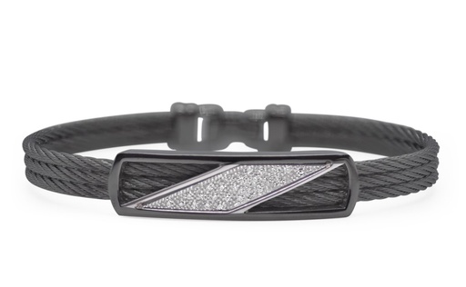 [04-52-1276-11] 18Kt White Gold Black Nautical Cable Slanted Bracelet With Round Diamonds Weighing 0.13cttw