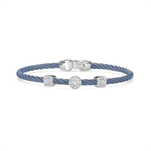 [04-64-S941-11] 18Kt White Gold Diamond Three Station Bracelet With Island Blue Nautical Cable 0.14cttw