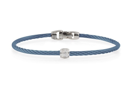 [04-64-S917-11] 18Kt White Gold Island Blue Nautical Cable Single Barrel Bracelet With 8 Round Diamonds Weighing 0.07cttw
