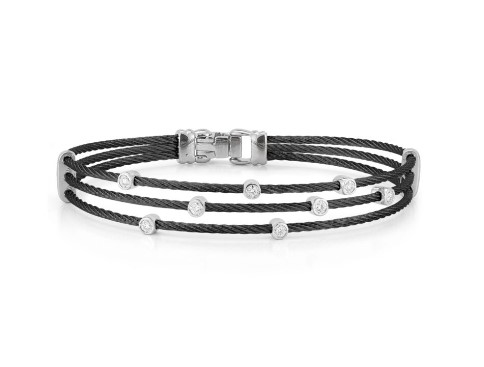[04-52-0386-11] 18Kt White Gold Black Nautical Cable Three Strand Scattered Station Bracelet With (8) Round Diamonds Weighing 0.11cttw