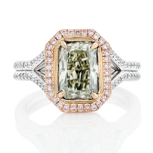 [RL30594] 18Kt Two Toned Split Shank Ring With A Radiant Green/Yellow Diamond Weighing 2.38ct, Round Pink Diamonds Weighing 0.13ct, And Round Diamonds Weighing 0.21ct