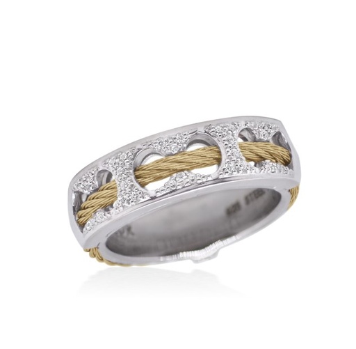 [02-37-1874-11] 18Kt White Gold Yellow Nautical Cable Passthrough Ring With (30) Round Diamonds Weighing 0.15cttw