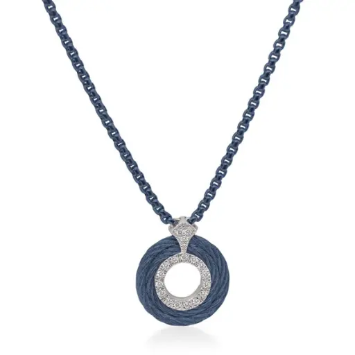 [08-28-0065-11] 14Kt White Gold Blueberry Nautical Cable Three Row Circle Pendant Necklace With (18) Round Diamonds Weighing 0.15cttw