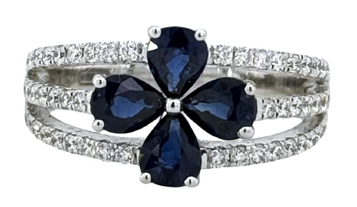 [23685] 18Kt White Gold Three Row Flower Ring With (4) Pear Shaped Sapphires Weighing 1.46ct And (50) Round Diamonds Weighing 0.49ct