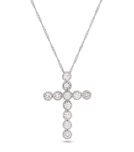[P74659.1] 14Kt White Gold Milgrain Cross Necklace With (11) Round Diamonds Weighing 0.55cttw