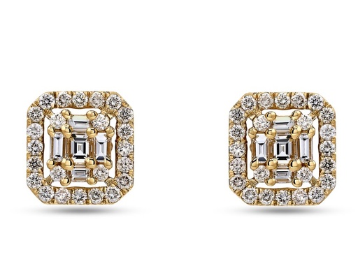 [E79785] 14Kt Yellow Gold Halo Style Studs With (48) Round Diamonds Weighing 0.47ct And (10) Baguette Diamonds Weighing 0.37ct