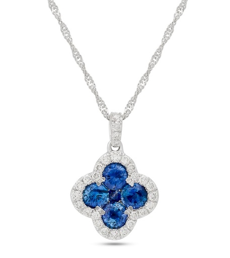 [P80797] 14Kt White Gold Clover Necklace With (5) Round Sapphires Weighing 1.50ct And (28) Round Diamonds Weighing 0.40ct