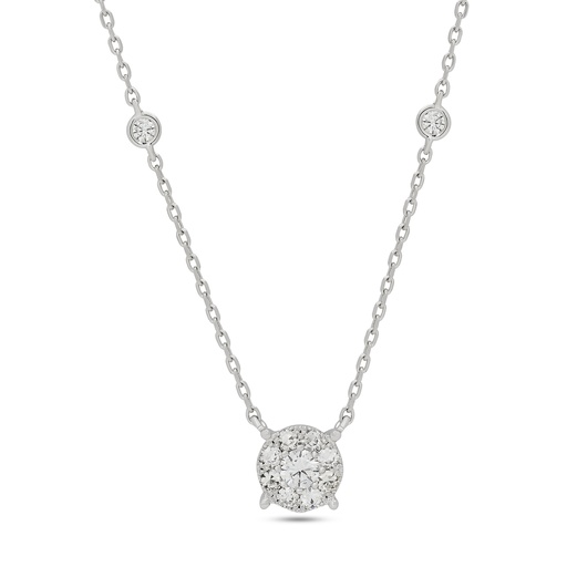 [P80807] 14Kt White Gold Cluster Necklace With (1) Round Diamond Weighing 0.22ct, And (16) Single Cut Diamonds Weighing 0.64ct