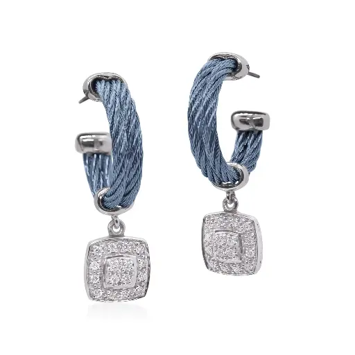 [03-64-1804-11] 18Kt White Gold Island Blue Nautical Cable Hoops With A Dangle Of (34) Round Diamonds Weighing 0.27cttw
