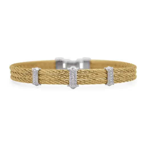 [04-37-3367-11] 18Kt White Gold Yellow Nautical Cable Three Station Bracelet With (6) Round Diamonds Weighing 0.03cttw