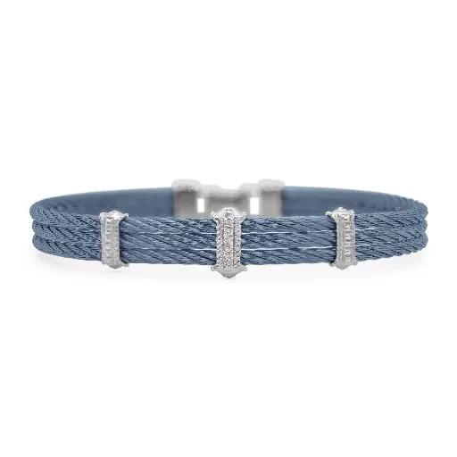 [04-64-3367-11] 18Kt White Gold Island Blue Nautical Cable Three Station Bracelet With (6) Round Diamonds Weighing 0.03cttw