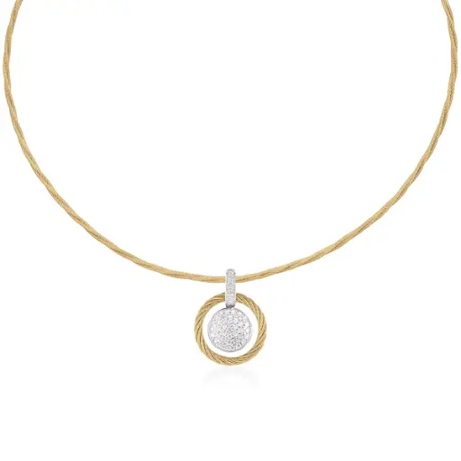 [08-37-1342-11] 14Kt White Gold Yellow Nautical Cable Disc Necklace With (41) Round Diamonds Weighing 0.35cttw