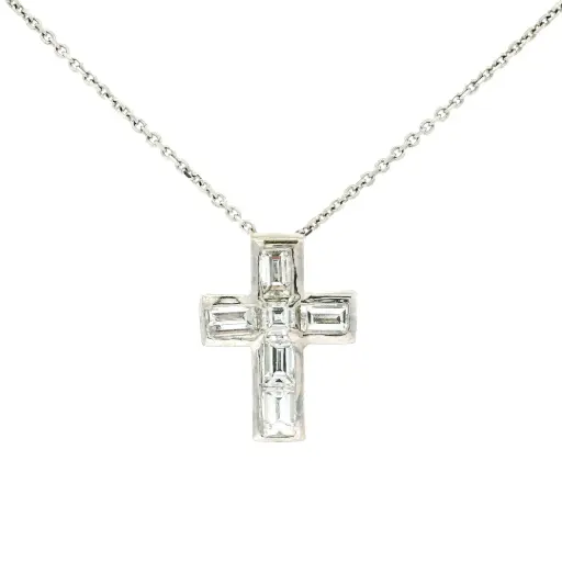 [P63818] 18Kt White Gold Cross Necklace With (1) Square Diamond Weighing 0.12ct And (5) Baguette Diamonds Weighing 1.20ct