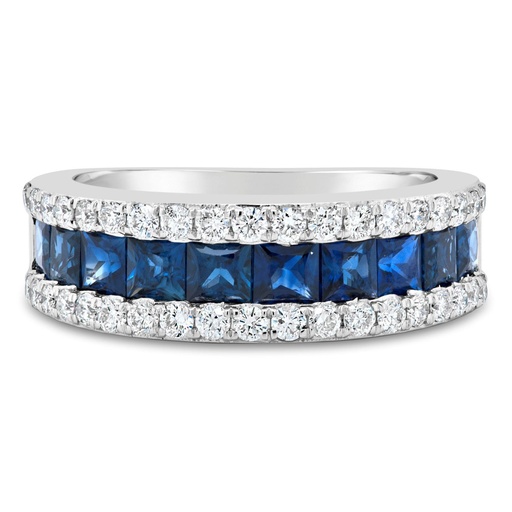[R81156] 14Kt White Gold Three Row Band With (10) Square Sapphires Weighing 1.70ct And (38) Round Diamonds Weighing 0.55ct