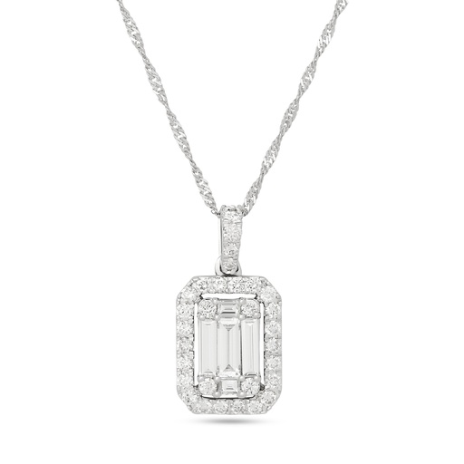 [P81157] 14Kt White Gold Cluster Necklace With (5) Baguette Diamonds Weighing 0.76ct And (30) Round Diamonds Weighing 0.65ct