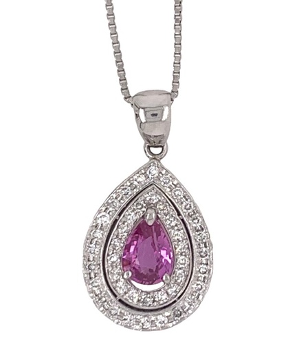 [P72555] Platinum Halo Style Necklace With A Pear Shaped Pink Sapphire Weighing 1.07cttw And (42) Round Diamonds Weighing 0.84ct