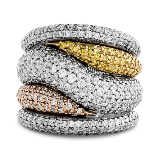 [R79312] 14Kt Tri-Tone Wide Wave Band With (277) Round Diamonds Weighing 2.25ct, And (37) Round Yellow Diamonds Weighing 0.35ct