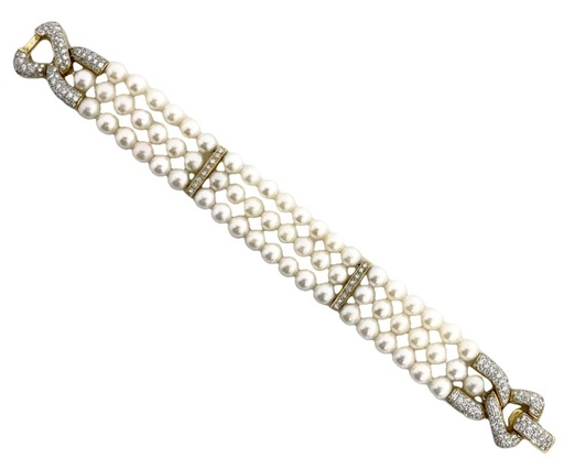 [B76387.1] 18Kt Yellow Gold Three Strand Pearl Bracelet With (166) Round Diamonds Weighing 2.00cttw