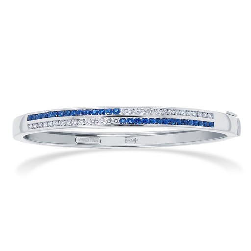 [B4087.1] Platinum Two Row Bangle With (30) Round Diamonds Weighing 0.62ct And (30) Round Sapphires Weighing 1.00cttw