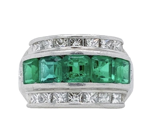 [R77348] Platinum Three Row Band With (5) Square Emeralds Weighing 2.10ct, (14) Princess Cut Diamonds And (2) Round Diamonds Weighing 1.12ct