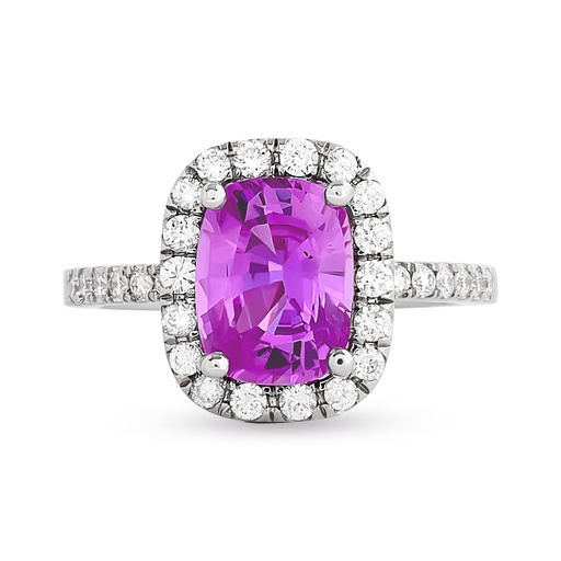 [R78289.1] 18Kt White Gold Ring With A Cushion Cut Pink Sapphire Weighing 2.52ct And (50) Round Diamonds Weighing 0.75cttw