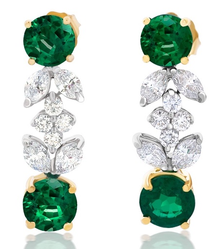 [E70321.6] 18Kt Two Toned Dangle Earrings With 4 Round Emeralds Weighing 3.59ct 4 Round Diamonds Weighing 0.25ct And 8 Marquise Diamonds Weighing 0.75ct H-I/SI1-2