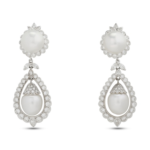 [E80873] 18Kt White Gold Detachable Drop Earrings With (4) Pearls, Marquise, Pear Shaped, And Round Diamonds Weighing 8.25cttw