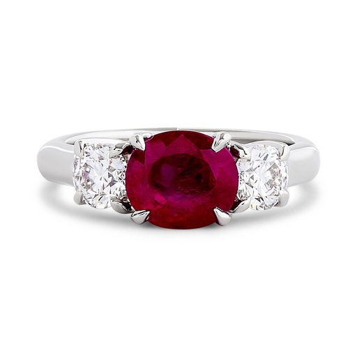 [R78700] Platinum Three Stone Ring With An Oval Ruby Weighing 2.47ct And (2) Round Diamonds Weighing 0.80ct