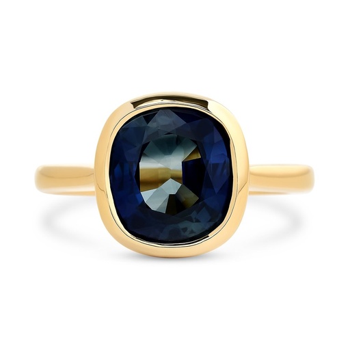 [R74773A] 18Kt Yellow Gold Bezel Set Ring With A Cushion Cut Sapphire Weighing 4.25ct