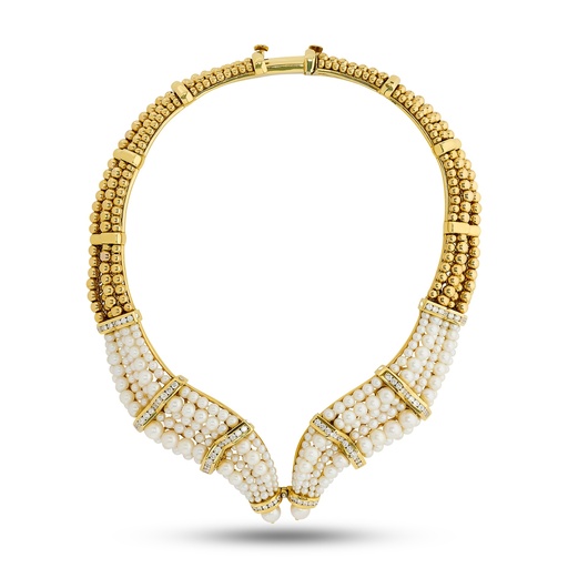 [N80826] 18Kt Yellow Gold Collar Necklace With Pearls And (82) Round Diamonds Weighing 2.50cttw