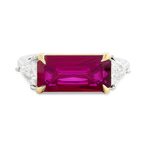 [R78893.1] Platinum Three Stone Ring With An Emerald Cut Ruby Weighing 4.39ct And (2) Trillion Cut Diamonds Weighing 0.70ct