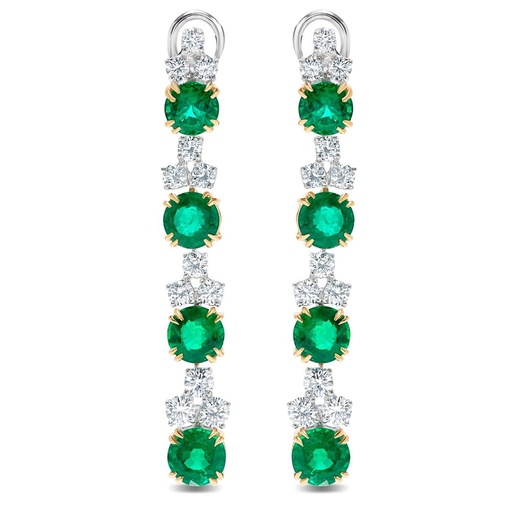 [E68366.1] 18Kt Two Toned Dangle Earrings With (8) Round Emeralds Weighing 9.01ct and (24) Round Diamonds Weighing