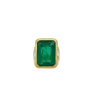 [PRTR78724-P] 18Kt Yellow Gold Bezel Set Ring With And Emerald Cut Emerald Weighing 12.79ct And (2) Trapezoid Diamonds Weighing 1.83ct