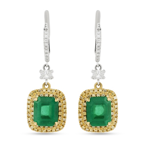 [PRTE78738-P] 18Kt Two Toned Drop Earrings With (2) Emerald Cut Emeralds Weighing 4.45ct And Diamonds Weighing 1.13ct