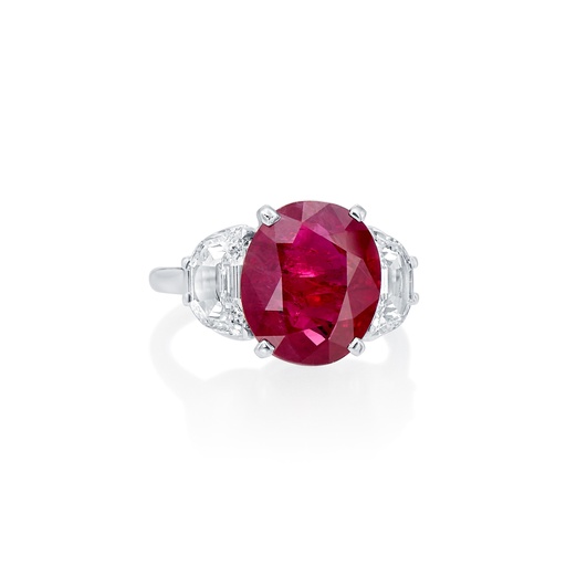 [PRTR80269-P] Platinum Three Stone Ring With And Oval Ruby Weighing 5.87ct And (2) Half Moon Diamonds Weighing 0.96ct