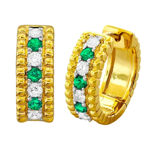 [E6720-EM] 18Kt Yellow Gold Hinged Hoops With (6) Emeralds Weighing 0.18ct And (8) Round Diamonds Weighing 0.28ct