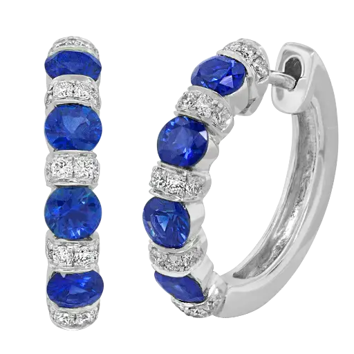 [E6232-S] 18Kt White Gold Hoops With (8) Round Sapphires Weighing 1.04ct And (20) Round Diamonds Weighing 0.26ct