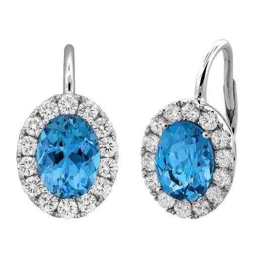 [E6762-AQ] 18Kt White Gold Halo Style Drop Earrings With (2) Oval Aquamarines Weighing 2.70ct And (28) Round Diamonds Weighing 0.70ct