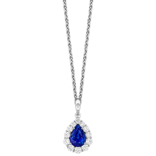 [P6633-S] 18Kt White Gold Halo Style Necklace With A Pear Shaped Sapphire Weighing 0.90ct And (12) Round Diamonds Weighing 0.39ct