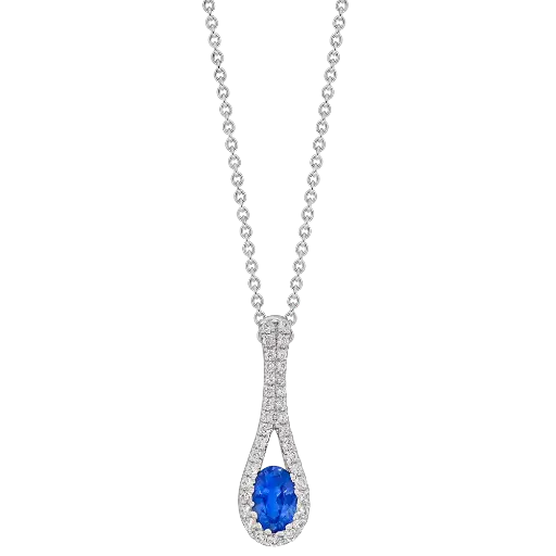 [P6379-S] 18Kt White Gold Necklace With An Oval Sapphire Weighing 0.60ct And (35) Round Diamonds Weighing 0.21ct