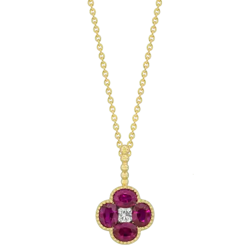 [P6339-R] 18Kt Yellow Gold Flower Necklace With (4) Round Rubies Weighing 1.40ct And (1) Round Diamond Weighing 0.11ct