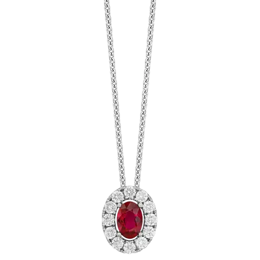 [P6646-R] 18Kt White Gold Halo Style Necklace With An Oval Ruby Weighing 0.55ct And (12) Round Diamonds Weighing 0.30ct