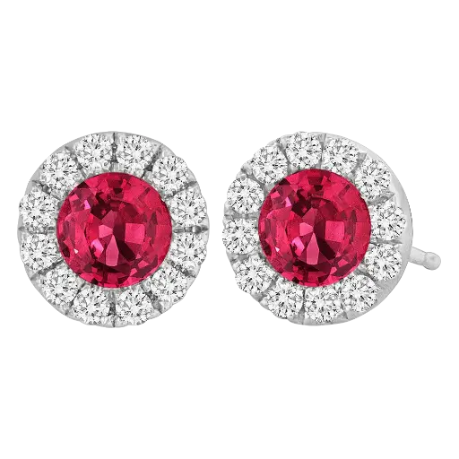[E5757-R] 18Kt White Gold Studs With (2) Round Rubies Weighing 0.40ct And (24) Round Diamonds Weighing 0.15ct