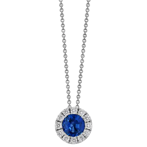 [P5757-S] 18Kt White Gold Circle Pendant Necklace With A Round Sapphire Weighing 0.30ct And (12) Round Diamonds Weighing 0.10ct