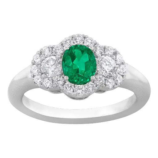 [R6524-EM] 18Kt White Gold Halo Style Ring With An Oval Emerald Weighing 0.60ct And (21) Round Diamonds Weighing 0.67ct