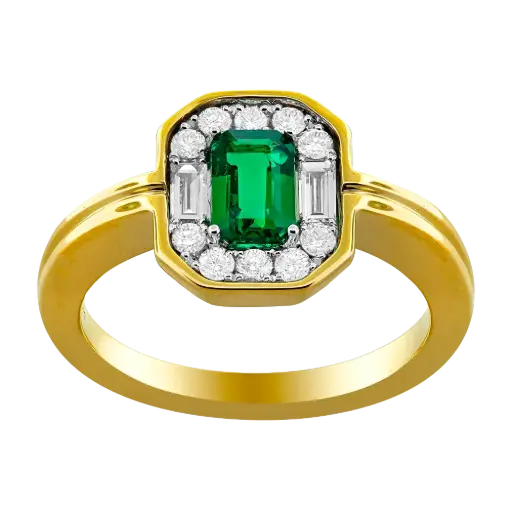 [R6753-EM] 18Kt Two Toned Ring With An Emerald Cut Emerald Weighing 0.55ct, (2) Baguette, And (10) Round Diamonds Weighing 0.32ct